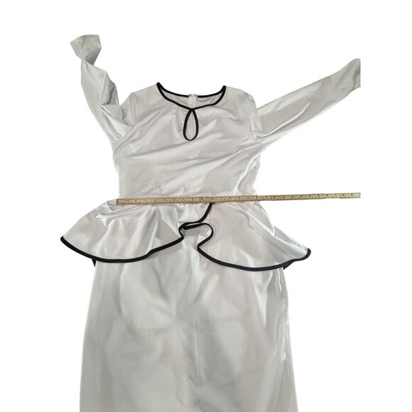 White Long-Sleeve Peplum Midi Dress With Black Trim & Keyhole Neckline - Picture 9 of 9